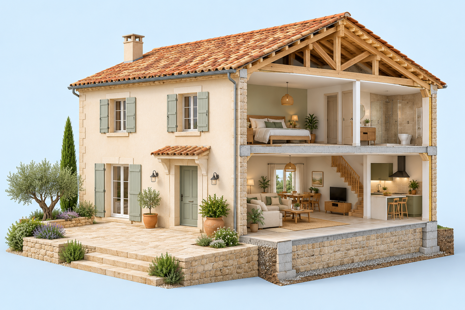 Maquette d’une maison complète avec toiture, charpente apparente, façade, intérieur, maçonnerie et terrasse