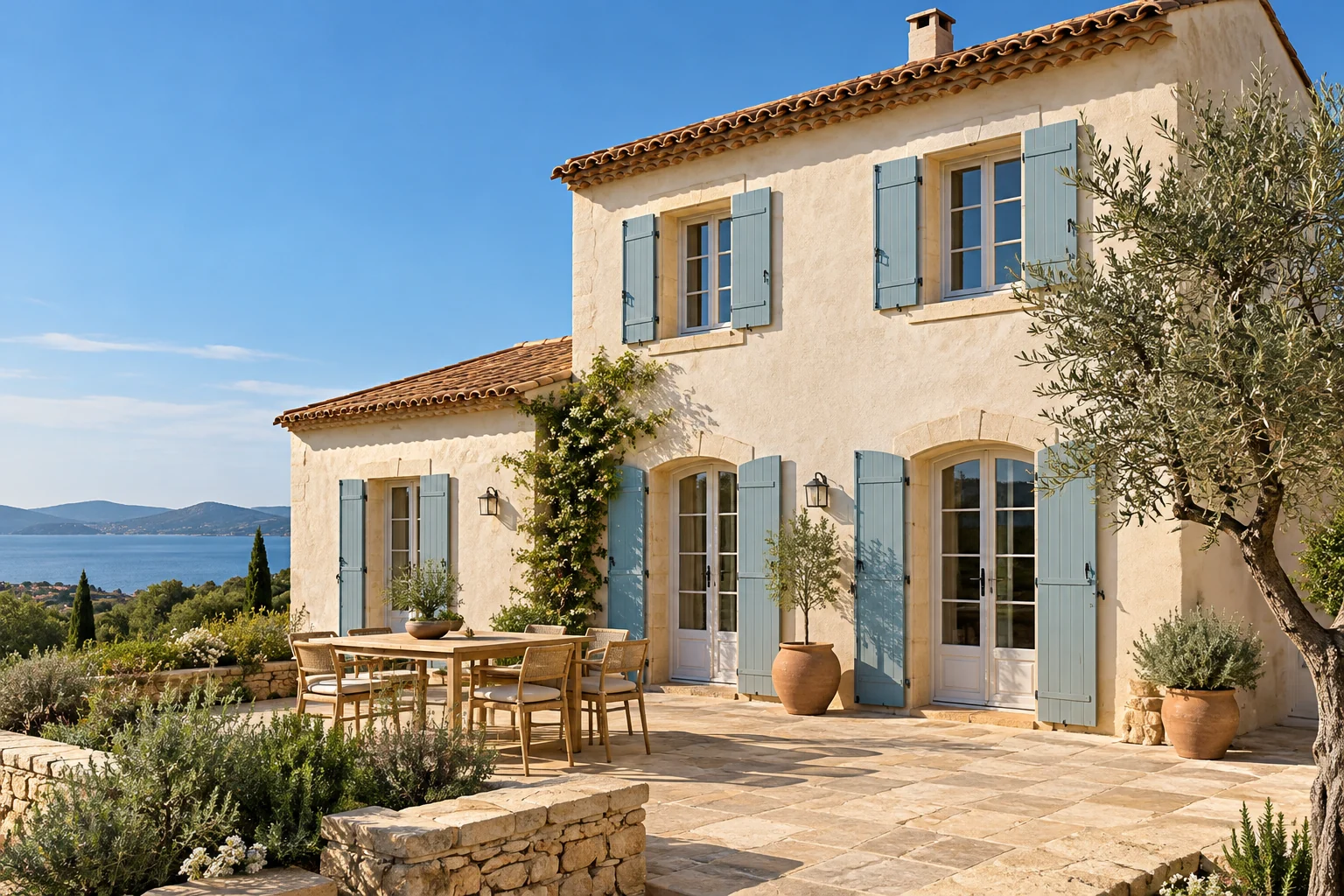 Illustration d’une maison provençale avec toiture en tuiles, façade rénovée et terrasse